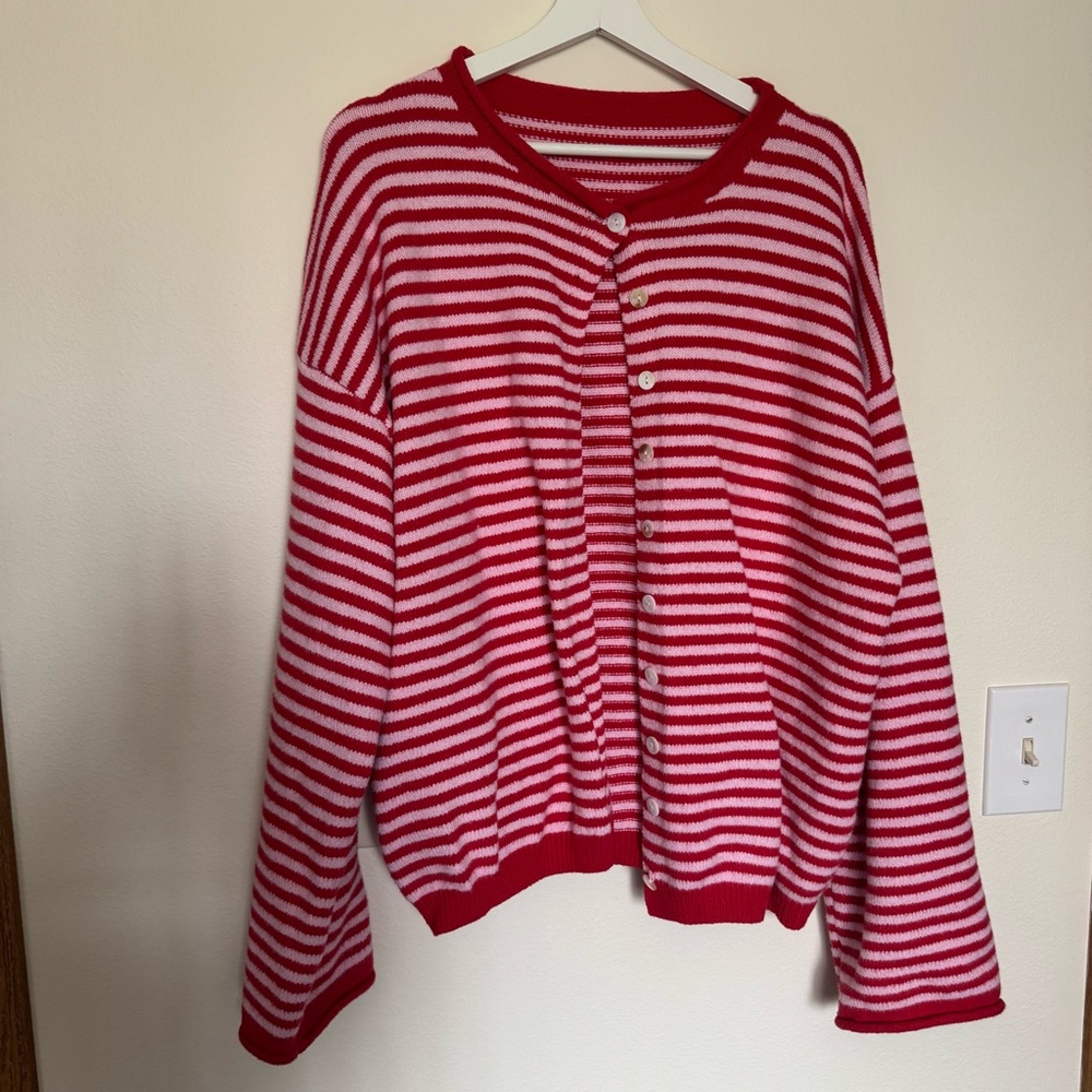 Women's Red and White Striped Button-Front Cardigan Sweater